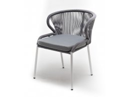 "Милан" стул плетеный из роупа, каркас алюминий белый муар, роуп светло-серый круглый, ткань светло-серая