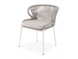 "Милан" стул плетеный из роупа, каркас алюминий белый муар, роуп бежевый круглый, ткань бежевая 15052