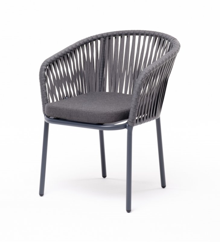 "Бордо" стул плетеный из роупа, каркас алюминий темно-серый (RAL7024) муар, роуп серый 15мм, ткань темно-серая 027