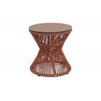 "Мадрид" журнальный стол из HPL круглый Ø50 H55, каркас из алюминия коричневый (RAL8016) муар, цвет "дуб", роуп красный (8372) круглый tex