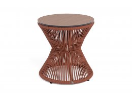 "Мадрид" журнальный стол из HPL круглый Ø50 H55, каркас из алюминия коричневый (RAL8016) муар, цвет "дуб", роуп красный (8372) круглый tex "Мадрид" журнальный стол из HPL круглый Ø50 H55, каркас из алюминия коричневый (RAL8016) муар, цвет "дуб", роуп красный (8372) круглый tex