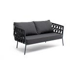 "Диего" диван 2-местный плетеный из роупа, каркас алюминий темно-серый (RAL7024) муар, роуп темно-серый круглый, ткань темно-серая 027