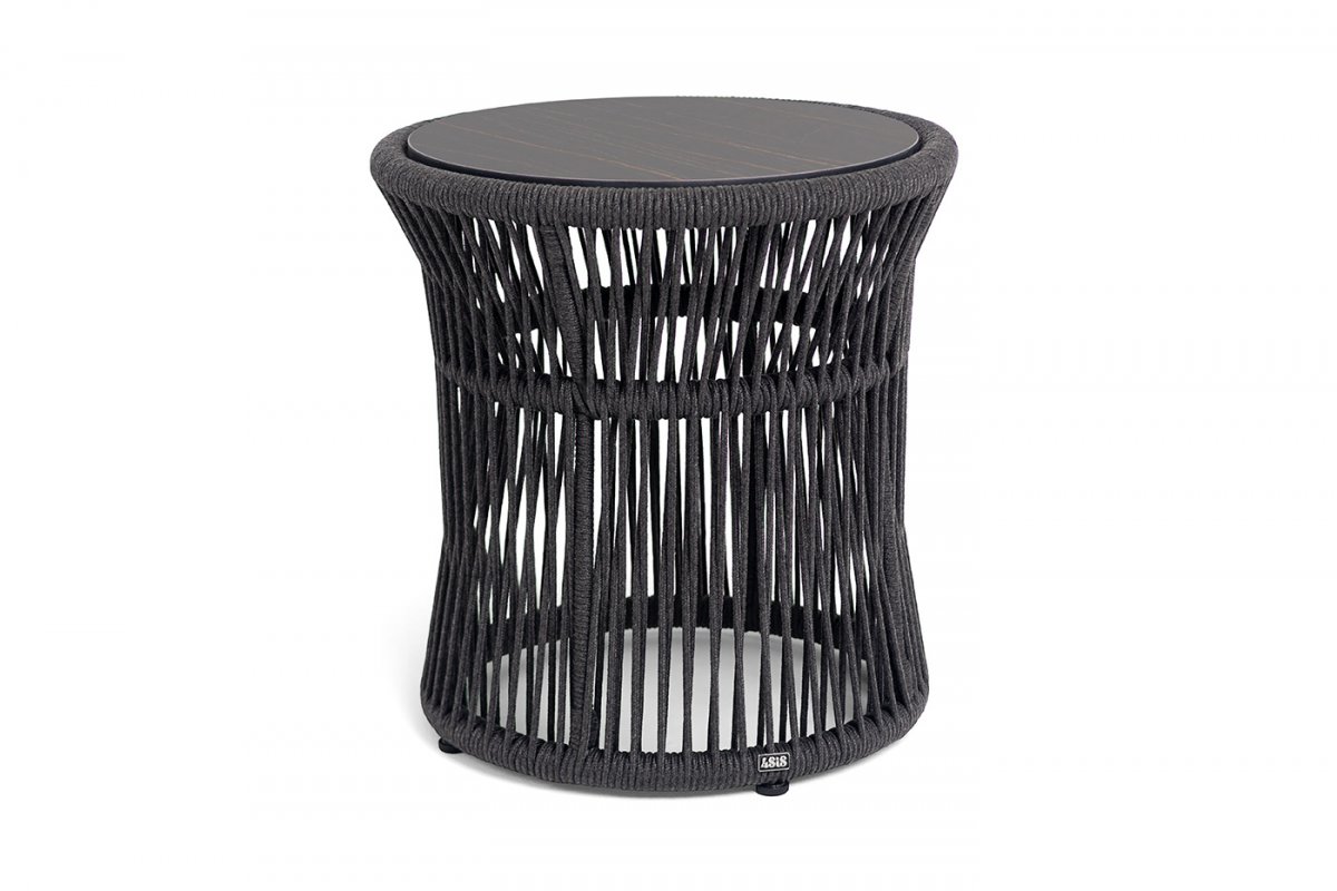 "Романо" журнальный стол из HPL круглый Ø45 H47, каркас из алюминия черный муар, цвет "черный мрамор", роуп темно серый круглый