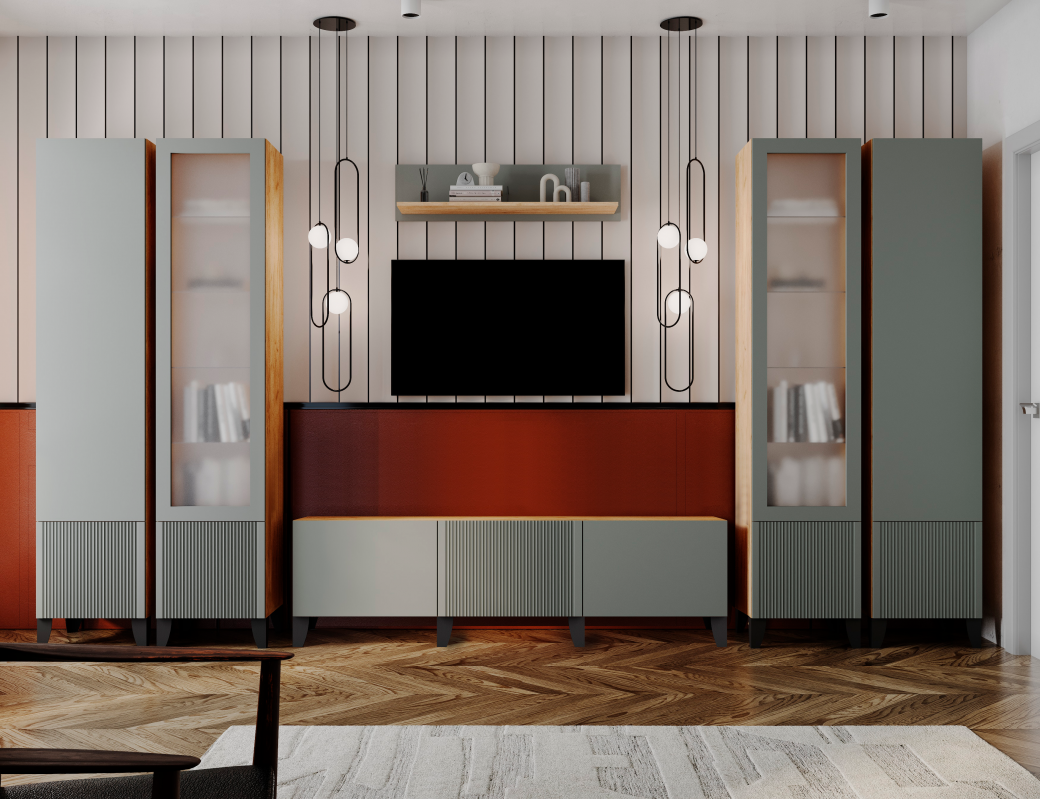 Набор Гостиная Рея Тумба ТВ напольная РГТ+Опоры для РГТ (дуб крафт золотой/гранит софт матовый)