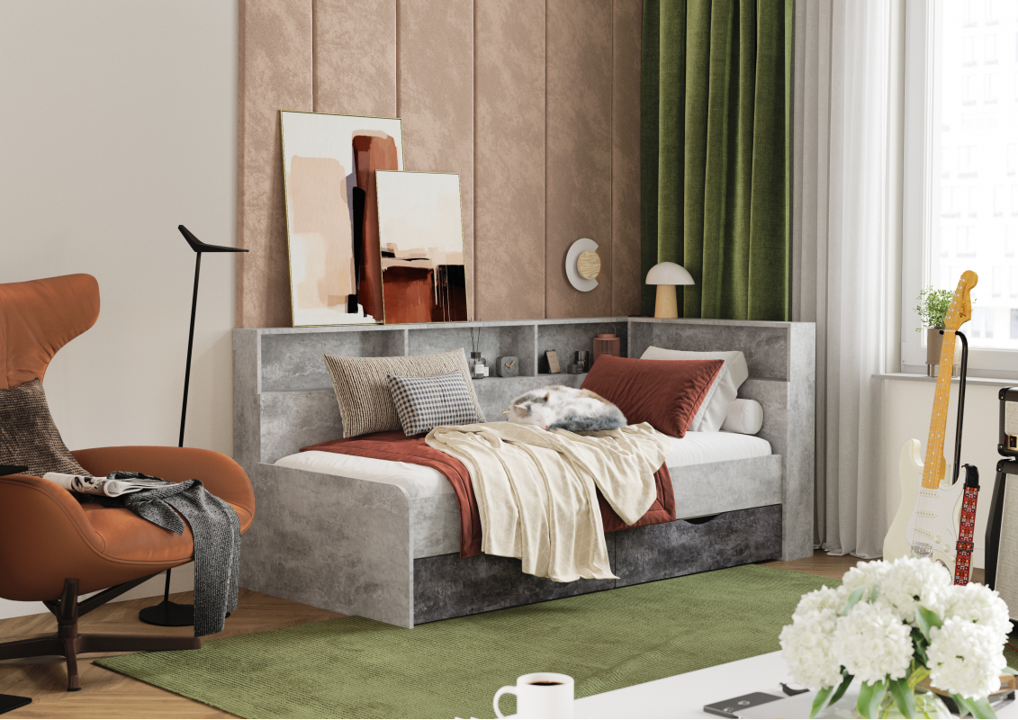 Кровать "Юта" 1,9 м бетон светлый/ бетон темный
