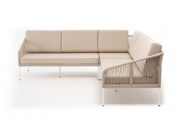 "Канны" диван модульный плетеный из роупа, каркас алюминий белый, роуп бежевый круглый, ткань бежевая 035