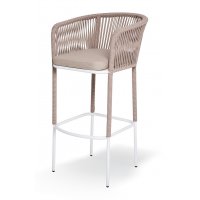 "Марсель" стул барный плетеный из роупа, каркас из стали белый муар, роуп бежевый круглый, ткань бежевая 15052