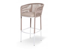"Марсель" стул барный плетеный из роупа, каркас из стали белый муар, роуп бежевый круглый, ткань бежевая 15052