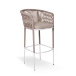 "Марсель" стул барный плетеный из роупа, каркас из стали белый муар, роуп бежевый круглый, ткань бежевая 15052