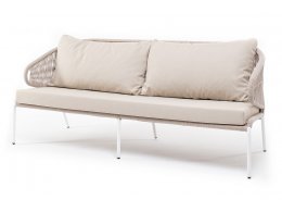 "Милан" диван 3-местный плетеный из роупа, каркас алюминий белый муар, роуп бежевый круглый, ткань бежевая 052