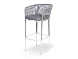 "Марсель" стул барный плетеный из роупа, каркас из стали светло-серый (RAL7035) муар, роуп светло-серый круглый, ткань светло-серая