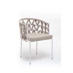 "Диего" стул плетеный из роупа, каркас из стали белый муар, роуп бежевый круглый, ткань бежевая 15052