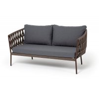 "Диего" диван 2-местный плетеный из роупа, каркас алюминий коричневый (RAL8016) муар, роуп коричневый круглый, ткань темно-серая 027