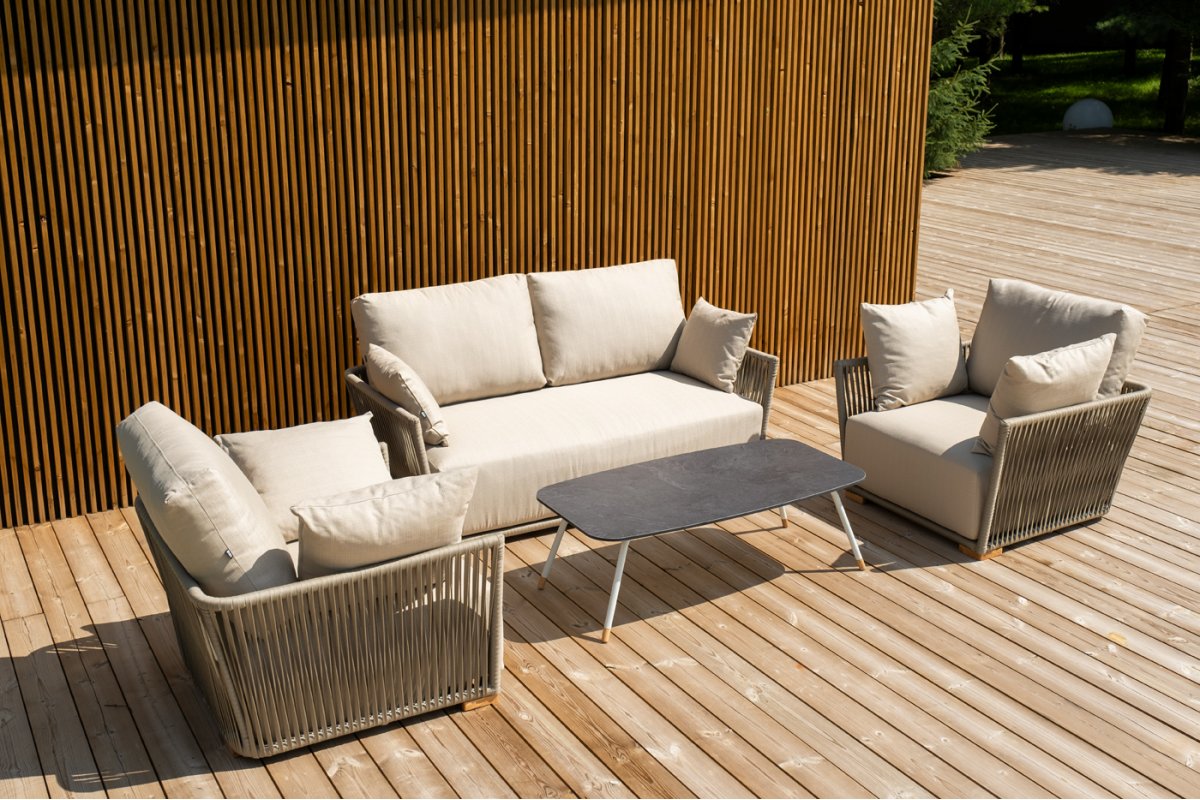 "Форли" лаунж-зона 4-местная плетеная из роупа (веревки), каркас алюминиевый светло-серый, роуп серо-коричневый