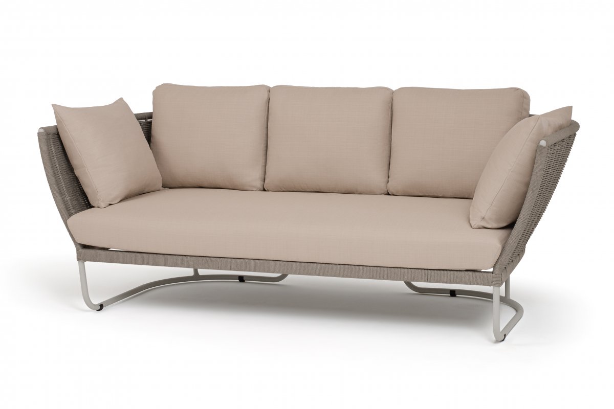 "Фиджи" диван 3-местный плетеный из роупа, каркас алюминий светло-серый (RAL7035) муар, роуп серый меланж круглый, ткань Mossle бежевая