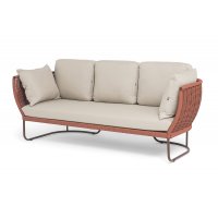 "Фиджи" диван 3-местный плетеный из роупа, каркас алюминий коричневый (RAL8016) муар, роуп красный (8372) круглый tex, ткань Mossle бежевая