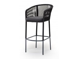 "Марсель" стул барный плетеный из роупа, каркас из стали темно-серый (RAL7024) муар, роуп темно-серый круглый, ткань темно-серая 027