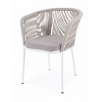 "Марсель" стул плетеный из роупа, каркас алюминий белый муар, роуп бежевый круглый, ткань бежевая 15052