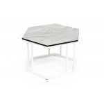 "Женева" интерьерный стол из HPL шестиугольный, D50, H35, цвет "мрамор пепел", каркас из стали белый муар