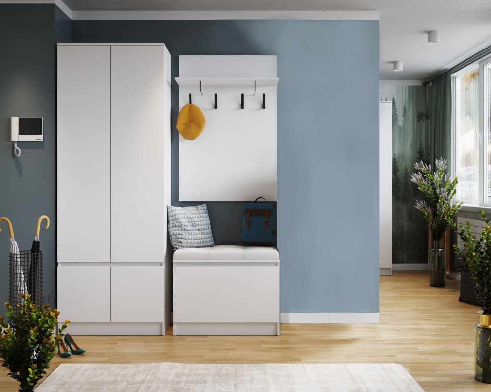 Набор Прихожая Мэнкс белый (вешалка МПВ-31+тумба МПТ-31+мягкое сиденье МСП-31+шкаф МПШ-31)