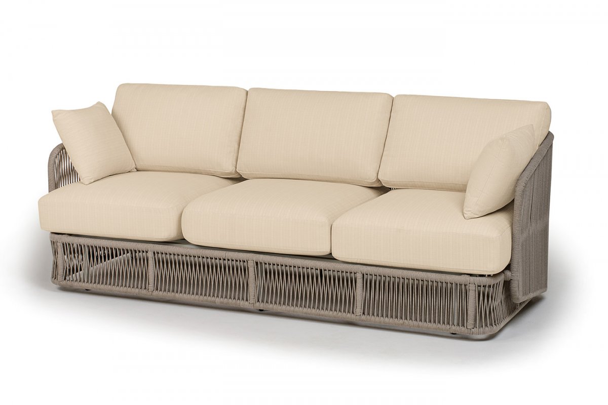 "Альбано" диван 3-местный плетеный из роупа, каркас алюминий светло-серый (RAL7035) муар, роуп серый меланж круглый, ткань Mossle светло-бежева