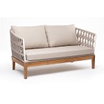 "Диего" диван 2-местный плетеный из роупа, основание дуб, каркас алюминий светло-серый (RAL7035) шагрень, роуп бежевый круглый, ткань бежева