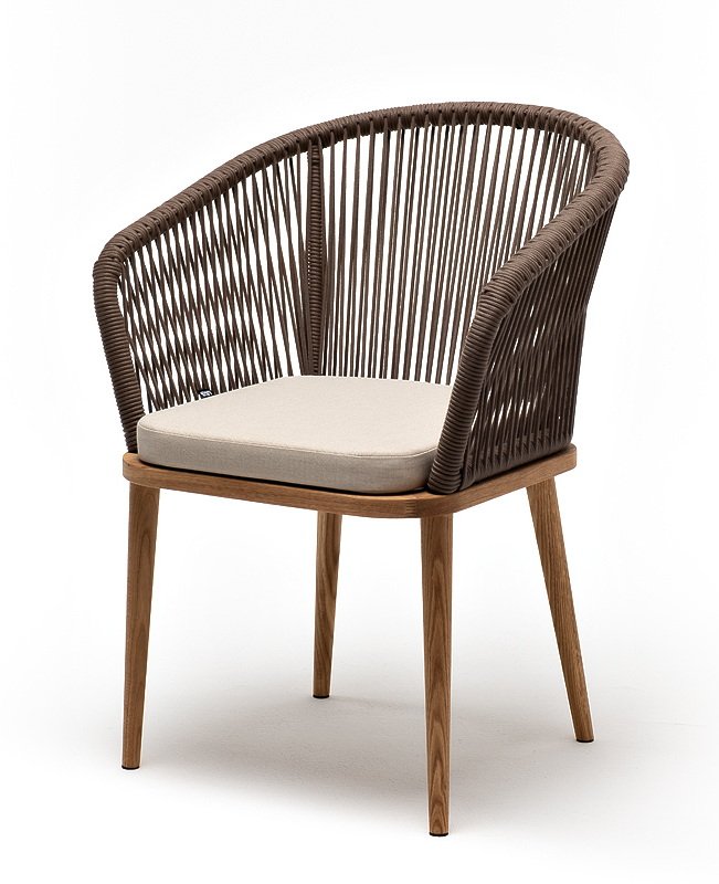 "Марсель" стул плетеный из роупа, основание дуб, роуп коричневый круглый, ткань бежевая 15052