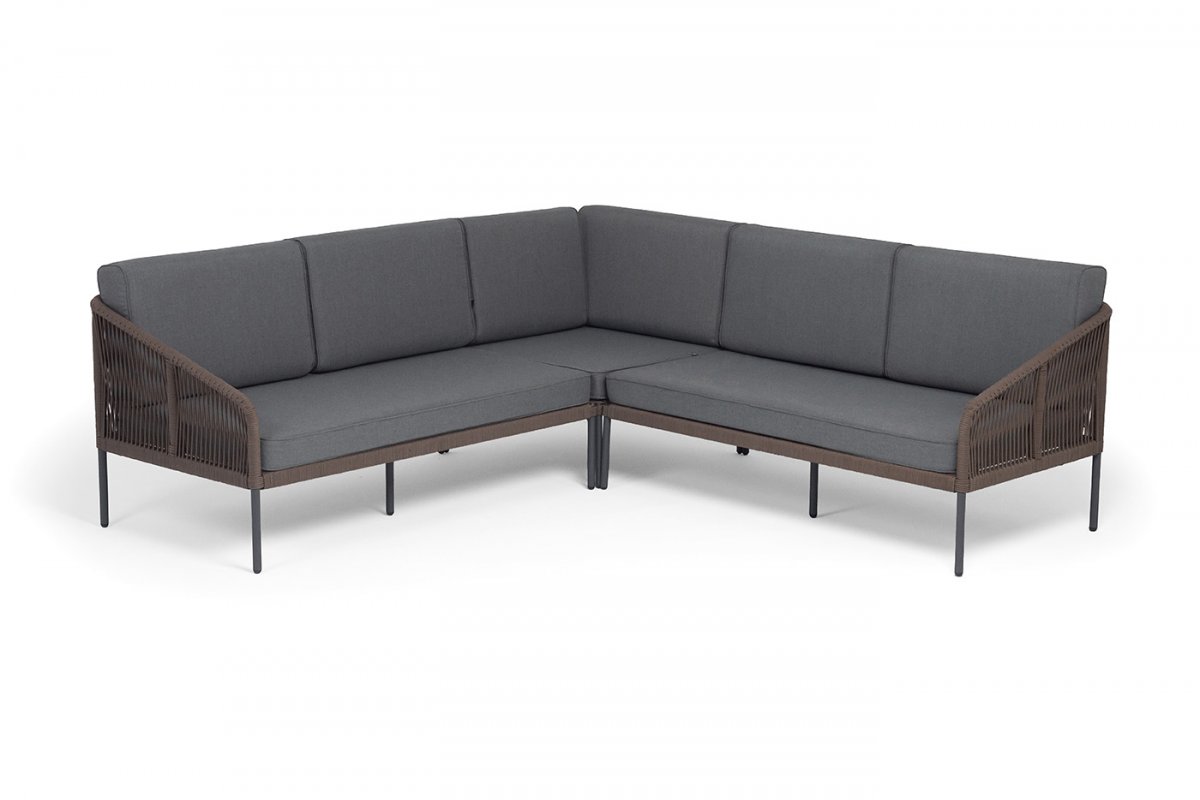"Канны" диван модульный плетеный из роупа, каркас алюминий темно-серый (RAL7024) муар, роуп коричневый круглый, ткань серая 017