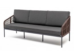 "Канны" диван 3-местный плетеный из роупа, каркас алюминий темно-серый (RAL7024) муар, роуп коричневый круглый, ткань темно-серая 027