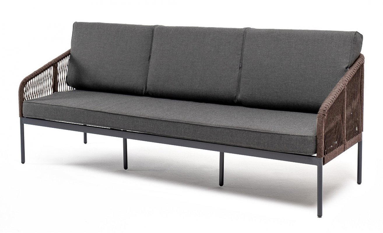 "Канны" диван 3-местный плетеный из роупа, каркас алюминий темно-серый (RAL7024) муар, роуп коричневый круглый, ткань темно-серая 027