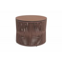 "Авиньон" журнальный стол из HPL круглый Ø70 H55, каркас из алюминия коричневый (RAL8016) муар, цвет "дуб", роуп коричневый круглый