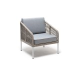 "Канны" кресло плетеное из роупа, каркас алюминий светло-серый (RAL7035) муар, роуп серый меланж круглый, ткань светло-серая