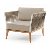 "Касабланка" кресло плетеное из роупа, основание дуб, каркас алюминий светло-серый (RAL7035) муар, роуп серо-коричневый 23мм, ткань бежевая 1