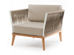 "Касабланка" кресло плетеное из роупа, основание дуб, каркас алюминий светло-серый (RAL7035) муар, роуп серо-коричневый 23мм, ткань бежевая 1