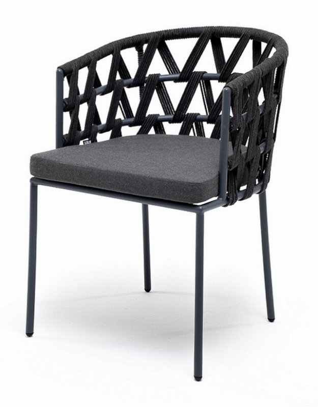 "Диего" стул плетеный из роупа, каркас из стали серый (RAL7022) муар, роуп серый круглый, ткань темно-серая 027