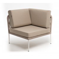 "Канны" угловой модуль плетеный из роупа, каркас алюминий белый муар, роуп бежевый круглый, ткань бежевая 15052