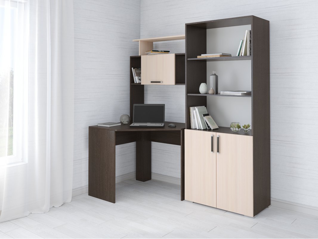 Стол компьютерный Квартет-12 со стеллажом, венге/дуб молочный