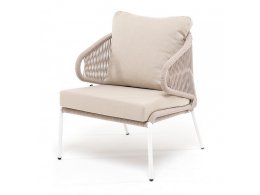 Милан кресло плетеное из роупа, каркас алюминий белый муар, роуп бежевый круглый, ткань бежевая 035