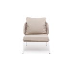 Милан кресло плетеное из роупа, каркас алюминий белый муар, роуп бежевый круглый, ткань бежевая 035