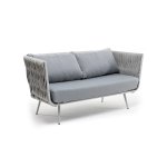 Монако диван 2-местный плетеный из роупа, каркас алюминий светло-серый (RAL7035) муар, роуп светло-серый 40 мм, ткань светло-серая