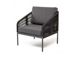 Канны кресло плетеное из роупа, каркас алюминий темно-серый (RAL7024) муар, роуп темно-серый круглый, ткань темно-серая 027