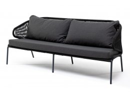 Милан диван 3-местный плетеный из роупа, каркас алюминий темно-серый (RAL7024) муар, роуп темно-серый круглый, ткань темно-серая 027