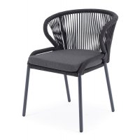 Милан стул плетеный из роупа, каркас алюминий темно-серый (RAL7024) муар, роуп темно-серый круглый, ткань темно-серая 027