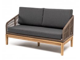 Канны диван 2-местный плетеный из роупа, основание дуб, роуп коричневый круглый, ткань темно-серая 027