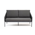 Канны диван 2-местный плетеный из роупа, каркас алюминий темно-серый (RAL7024) муар, роуп темно-серый круглый, ткань темно-серая 027