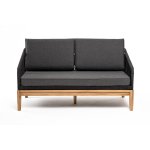 Канны диван 2-местный плетеный из роупа, основание дуб, роуп темно-серый круглый, ткань темно-серая 027