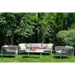 Касабланка диван 3-местный плетеный из роупа, каркас алюминий белый муар, роуп бежевый 20мм, ткань бежевая 052