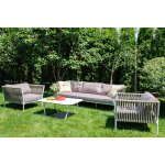 Касабланка диван 3-местный плетеный из роупа, каркас алюминий белый муар, роуп бежевый 20мм, ткань бежевая 052