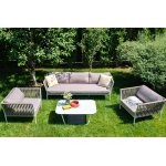 Касабланка диван 3-местный плетеный из роупа, каркас алюминий белый муар, роуп бежевый 20мм, ткань бежевая 052