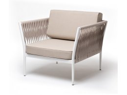 Касабланка кресло плетеное из роупа, каркас алюминий белый муар, роуп бежевый 20мм, ткань бежевая 052